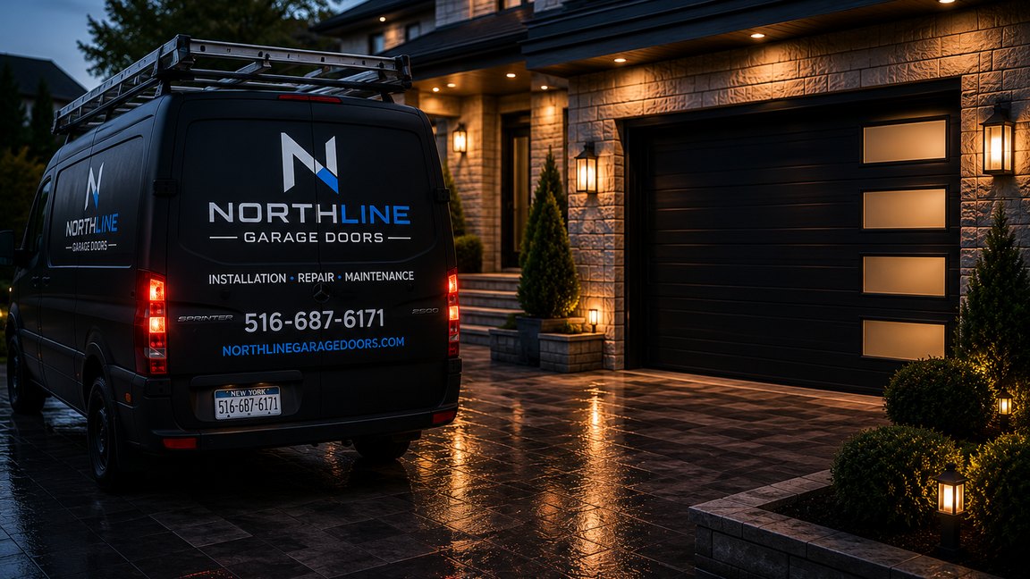 A NorthLine service van parked on a wet driveway at blue hour beside a warmly lit garage.