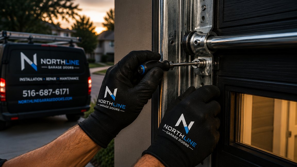 Close-up of branded NorthLine gloves fitting a roller bracket on a black garage door at sunset.