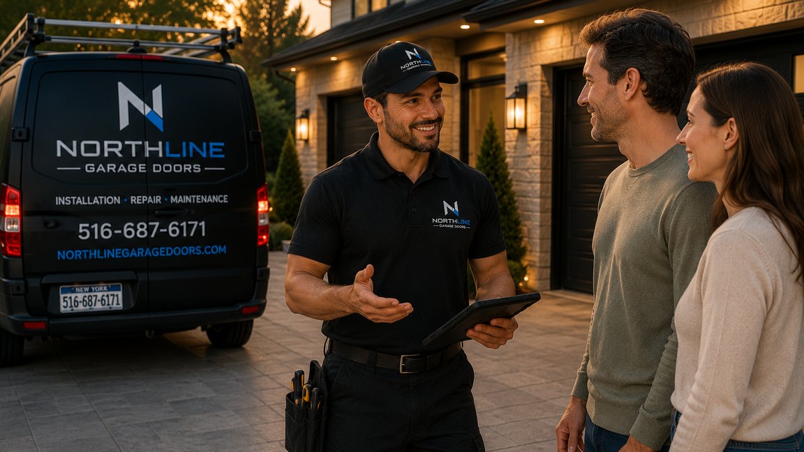 A NorthLine technician talking a couple through an estimate on a tablet outside their garage at golden hour.