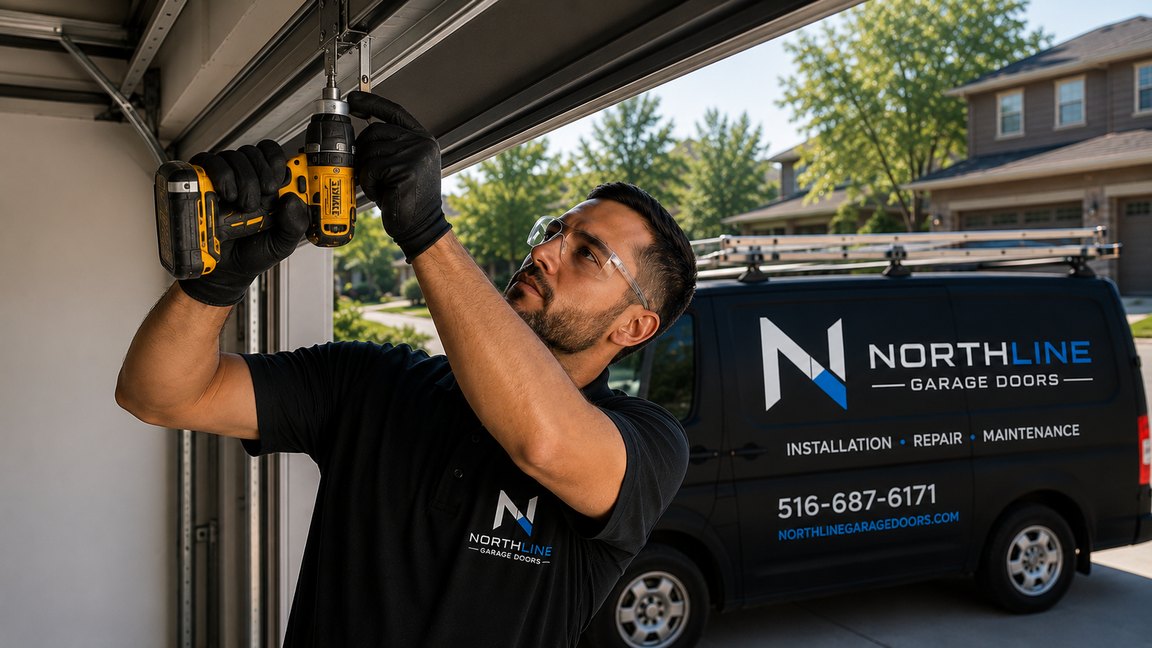 A NorthLine technician in safety glasses driving a power drill into an overhead garage door track, stocked service van behind him.