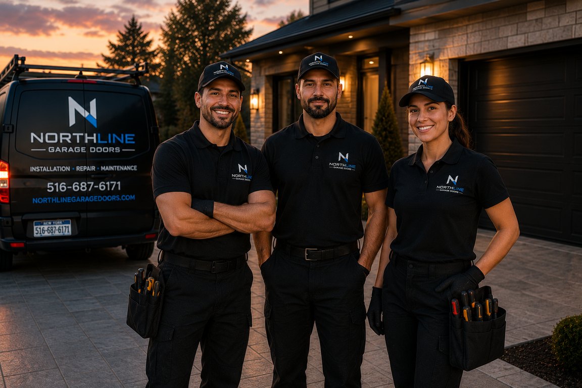 Three uniformed NorthLine technicians standing in front of a branded service van at sunset.