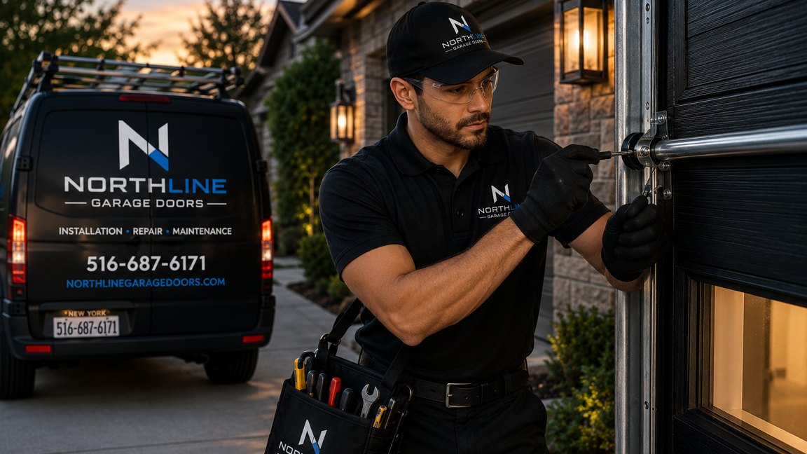 A NorthLine technician fitting hardware to a garage door at dusk, service van on the driveway behind.