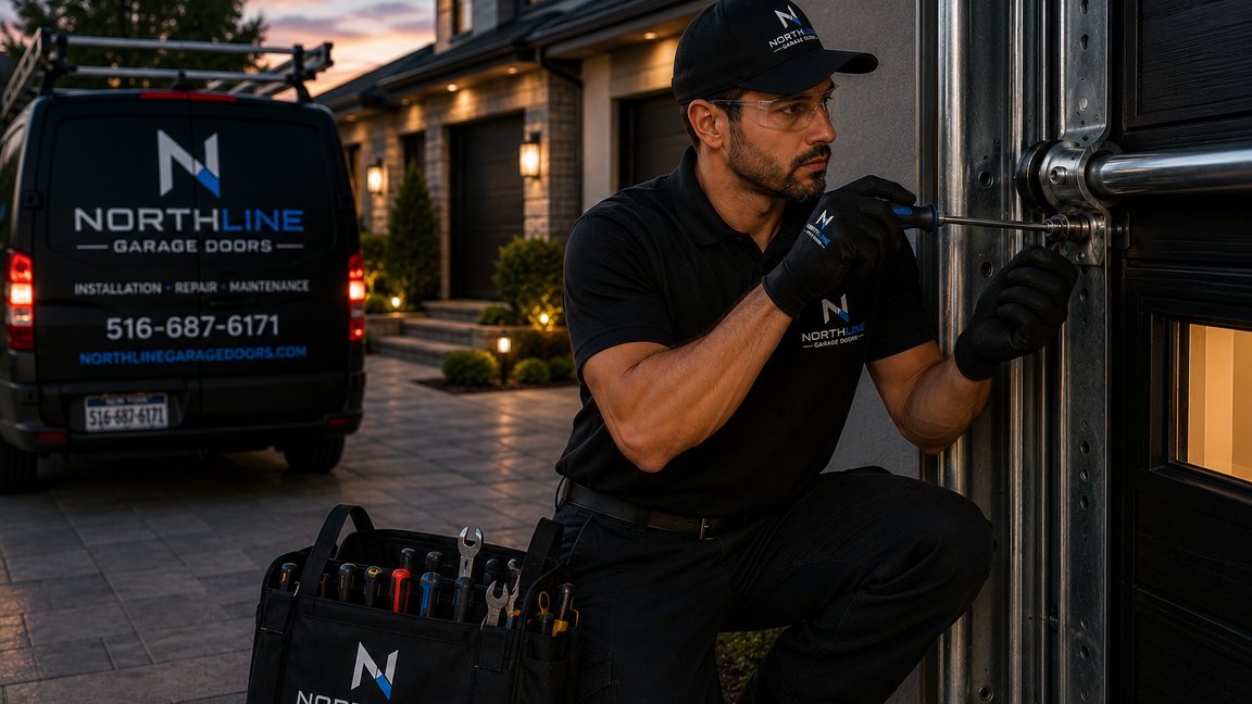 A NorthLine technician kneeling to work on a garage door track at dusk, tool bag beside him.